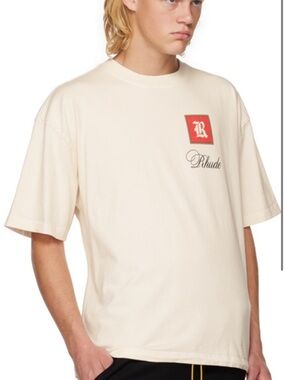 Rhude Cream Short Sleeve Logo Tee with Red Patch